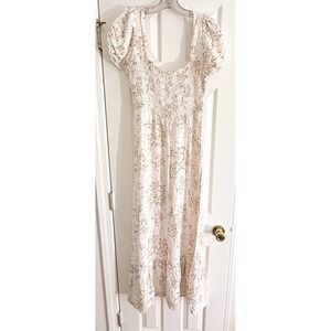 Bebop Floral Maxi Dress Womens Medium OFF White Ditsy Smocked Puff Sleeve Boho